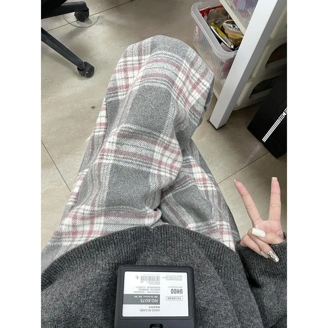 Luźne spodnie damskie z szerokimi nogawkami w kratę z wełny, plus size, proste, długie, jesienno-zimowe, modne, plus size.