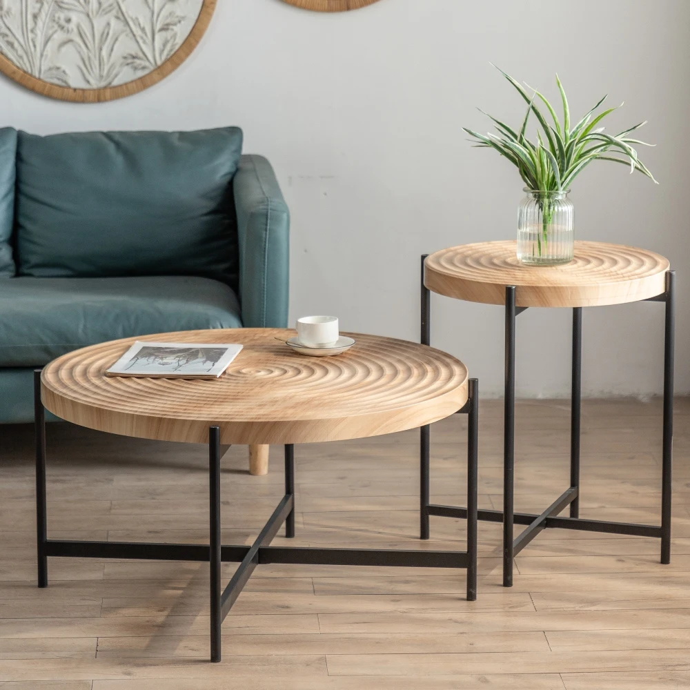 33"Modern Thread Design Round Coffee Table ,  MDF  Table Top with Cross Legs Metal Base Coffee Table  Living Room Furniture