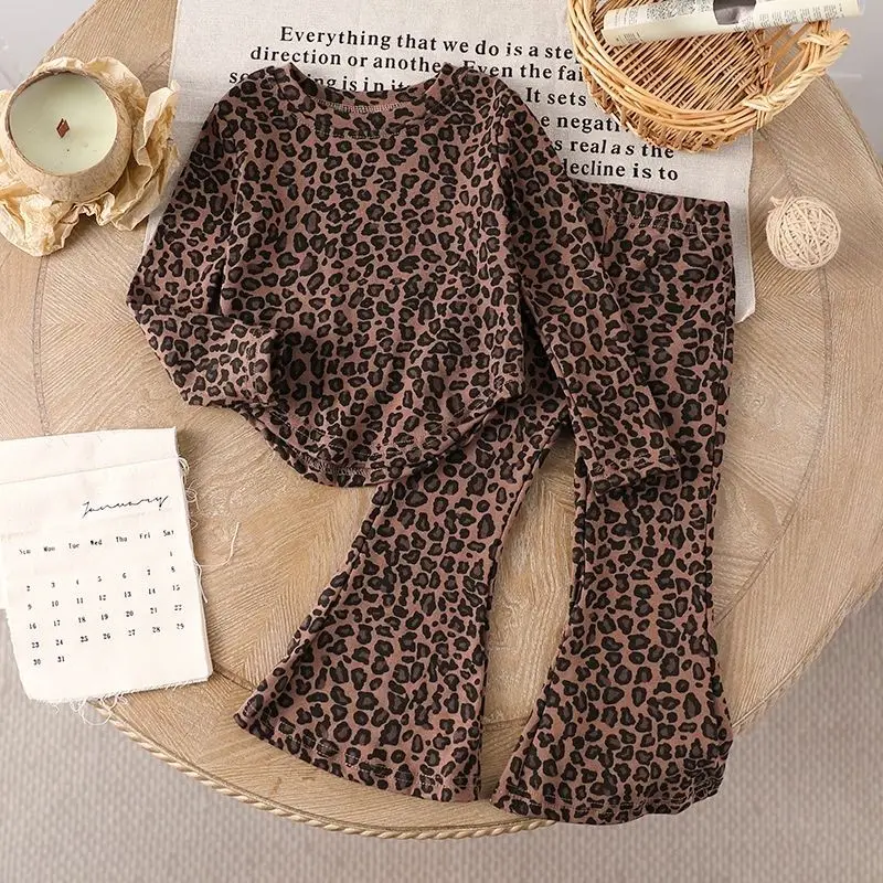 Children's Clothes Sets Girls Leopard Print Two-Piece Set Long Sleeve Tops With Flared Pants For Kids Casual Daily Clothing
