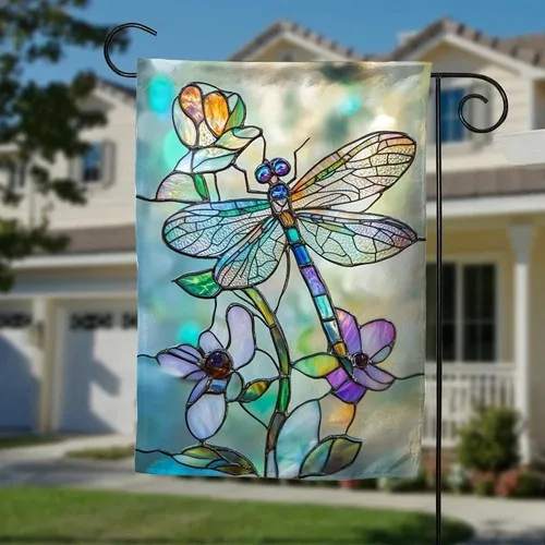 Dragonfly Garden Flag Stained Glass Inspired Double-Sided Decorative ZZY
