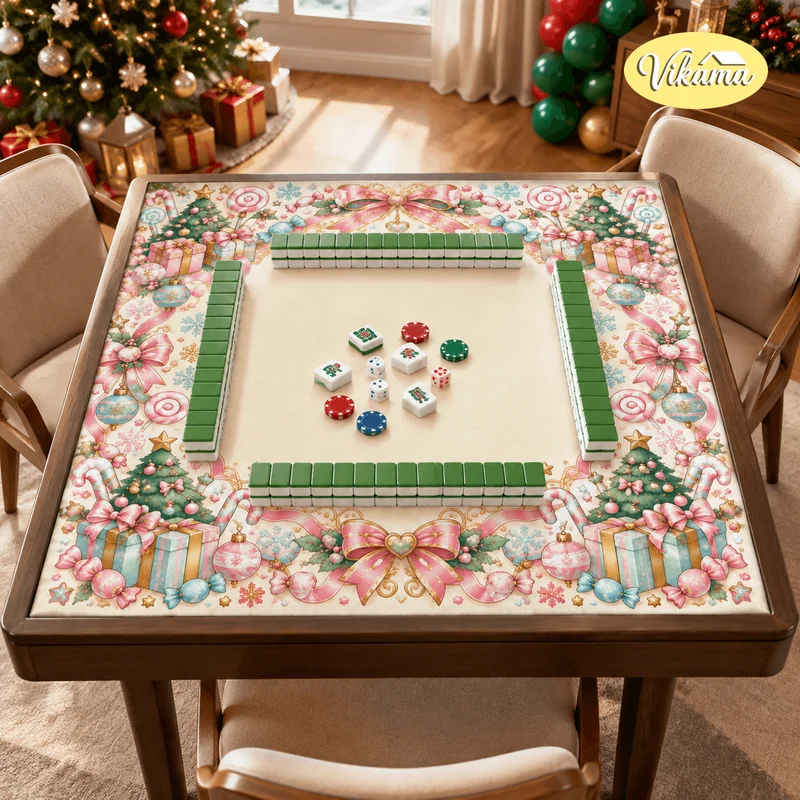 ChristmasPink Snowflake Mahjong MatNon Slip FoldableFamily Game NightDining RoomHoliday Home Decor