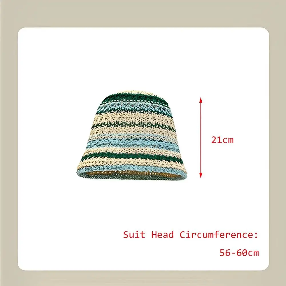 Sombrero de pescador a rayas de arcoíris a la moda, aleros grandes, protección UV, sombrero de cubo de ganchillo, gorra de cubo de paja transpirable Multicolor para verano