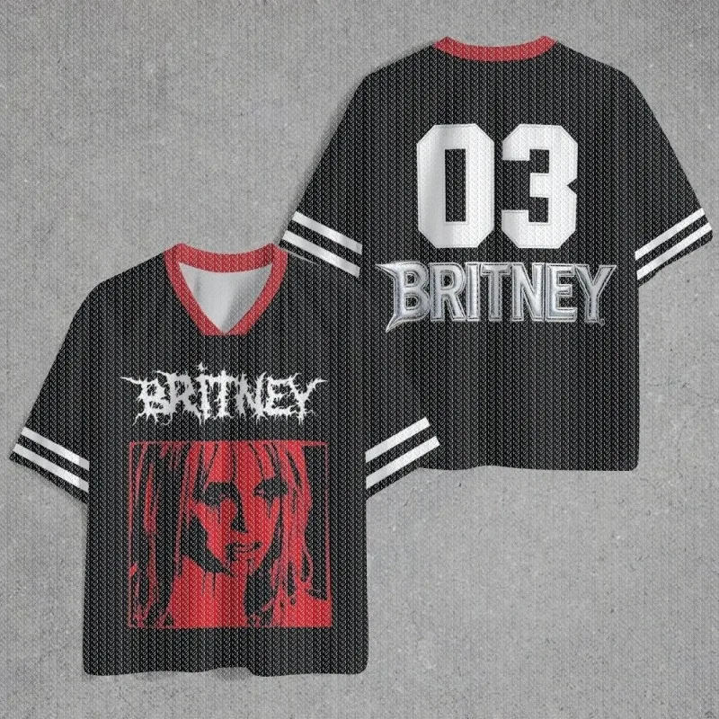 V Neck Black Red Mesh Jersey T Shirt Front Back Girl Portrait Print Casual Streetwear Hip Hop Top