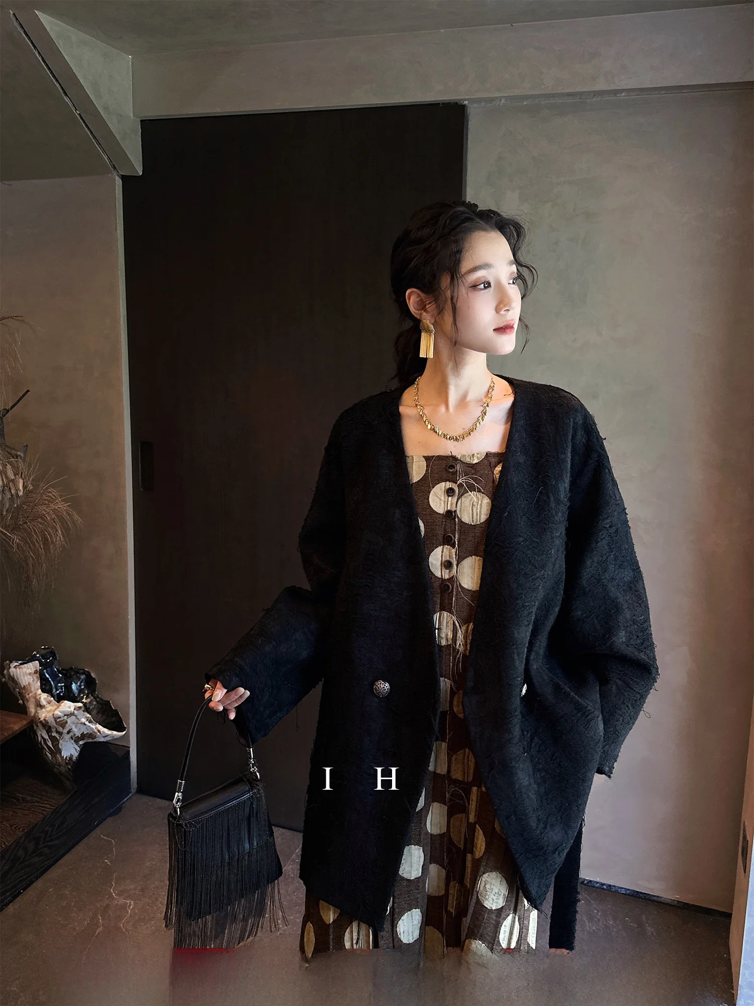 

Пальто Sanji Bla Flower с двойным слоем ткани, отделкой из бахромы, на флисовой подкладке, в стиле Zen, повседневное, для поездок на работу, из водонепроницаемой нейлоновой ткани