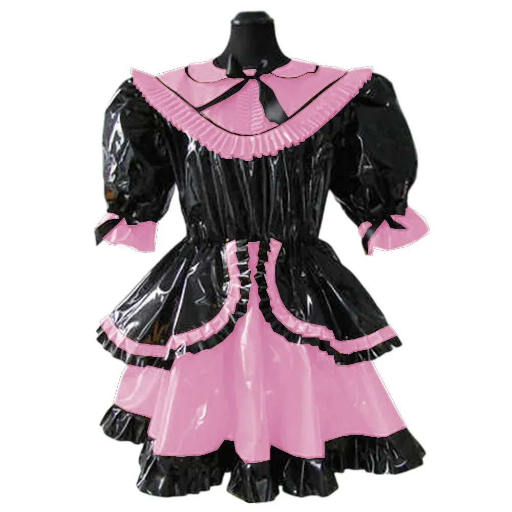 Lolita Lockable Cosplay Maid Uniform Short Sleeve A-Line Dress Shiny PVC Leather Turn-down Collar Outfits Pleated Hem Clubwear