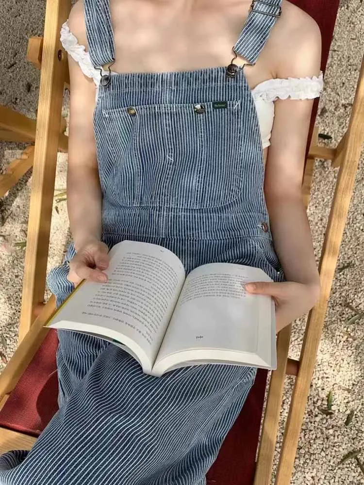 

Винтажные летние женские комбинезоны в клетку и полоску, повседневные джинсы с высокой талией, длинные брюки с тонким полосатым дизайном, модные, нестареющие.