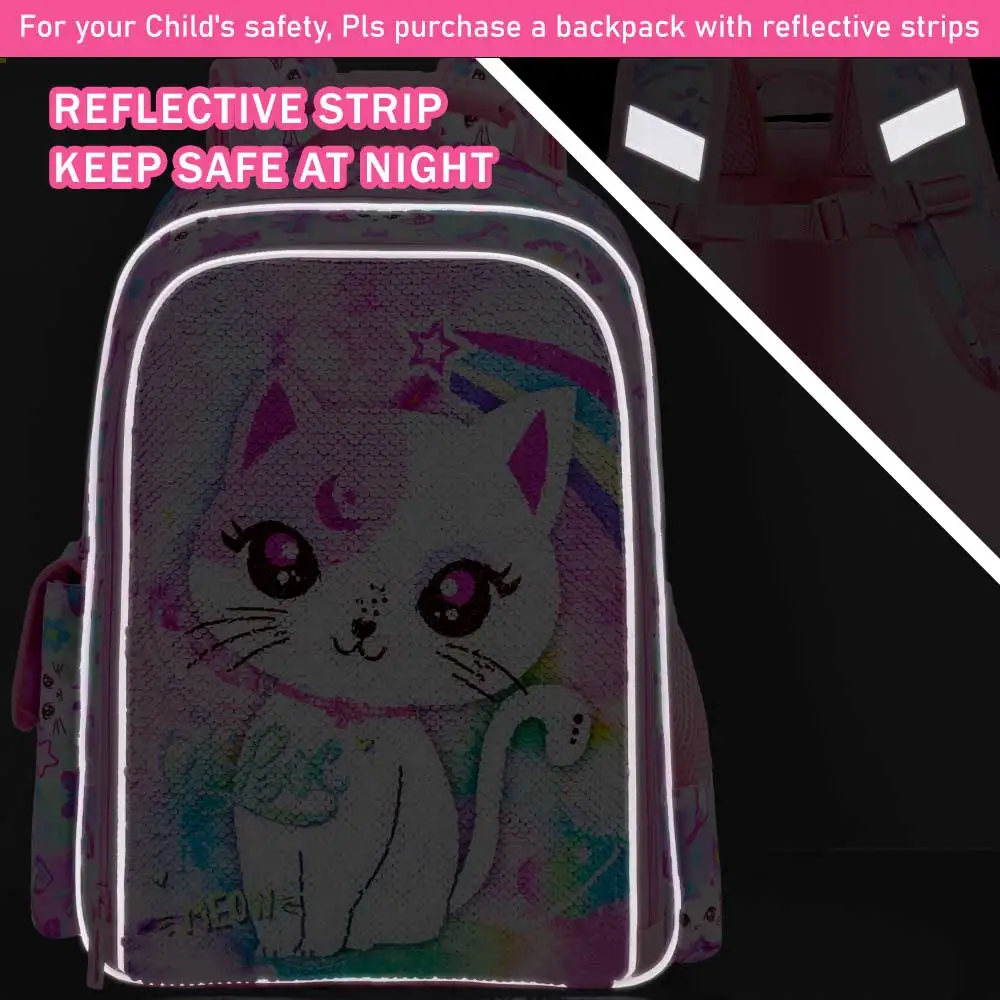 3PCS meisjesrugzak, 16” kinderkattenboekentas met pailletten en lunchbox, waterbestendige schooltas voor elementaire kleuterschool