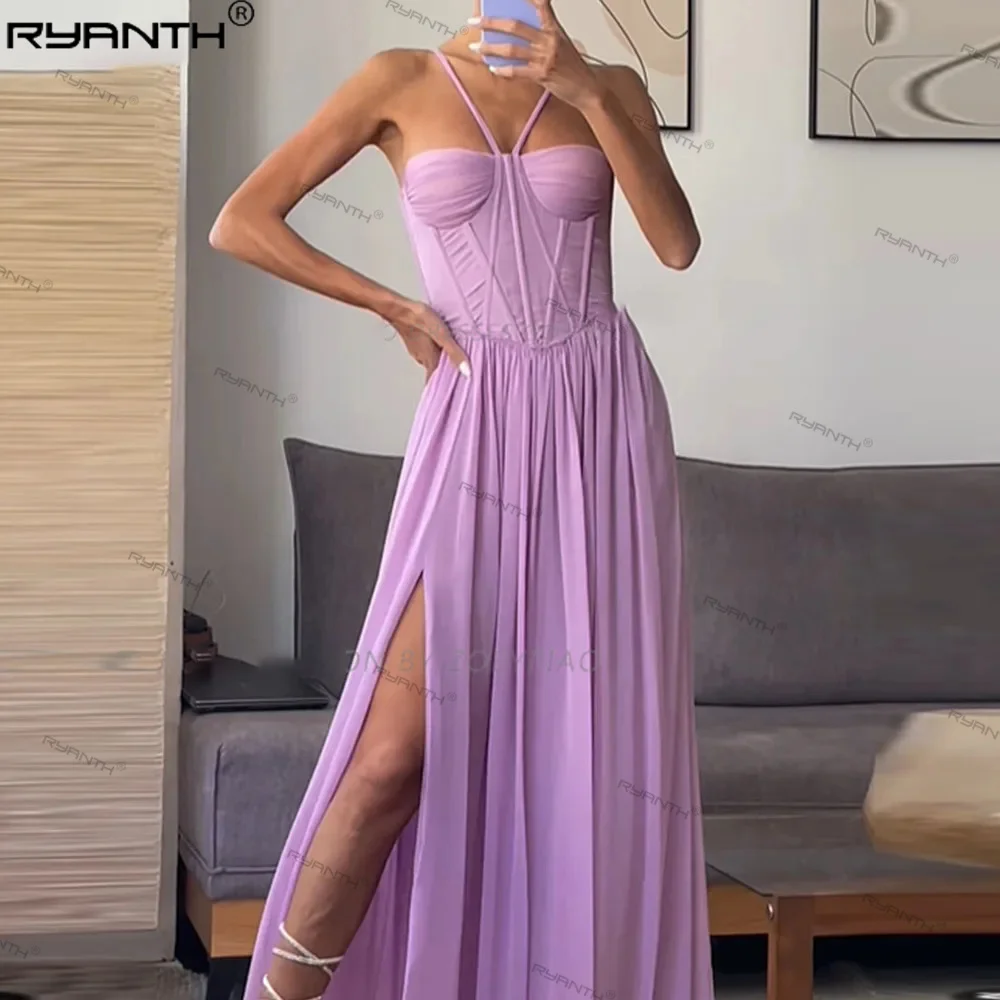 Ryanth Purple A Line Chiffon Customized Formal Occasion Floor-Length Prom Dress Side Slit Long Custom Evening Party Gowns