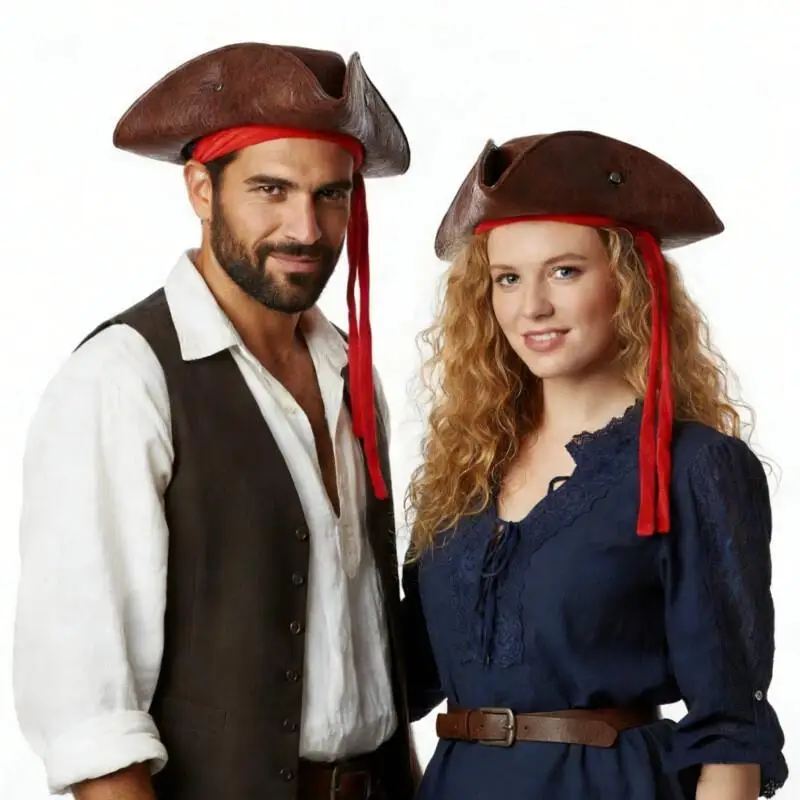 Adult Brown Faux Leather Vintage Pirate Hat Man Medieval Pirate Captain Jack Cosplay Hat For Halloween Carnival Masquerade Prop