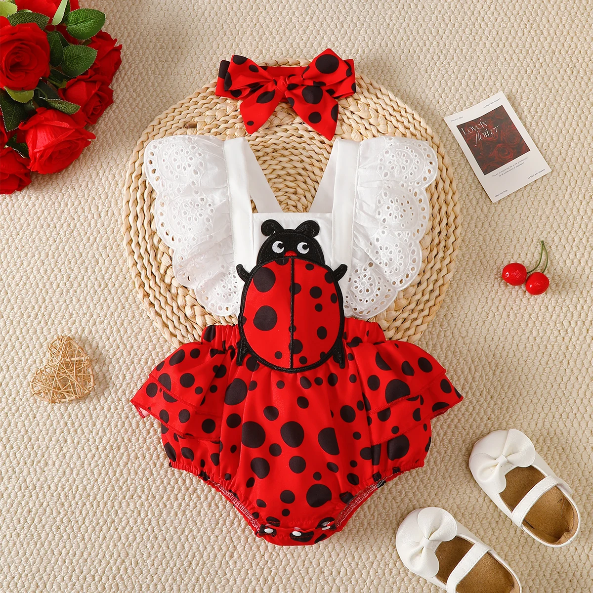 Body para bebês recém-nascidos, conjunto de 2 peças com renda e estrela, joaninha, faixa de cabeça, conjunto de 2 peças para bebês de 0 a 18 meses, body de verão para bebês