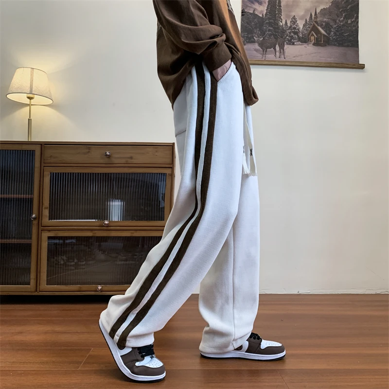 Loose Coffee Corduroy Pants Men Women Drawstring Striped Wide Leg Pants Autumn Casual Easy Care Anti-wrinkle Mopping Trousers