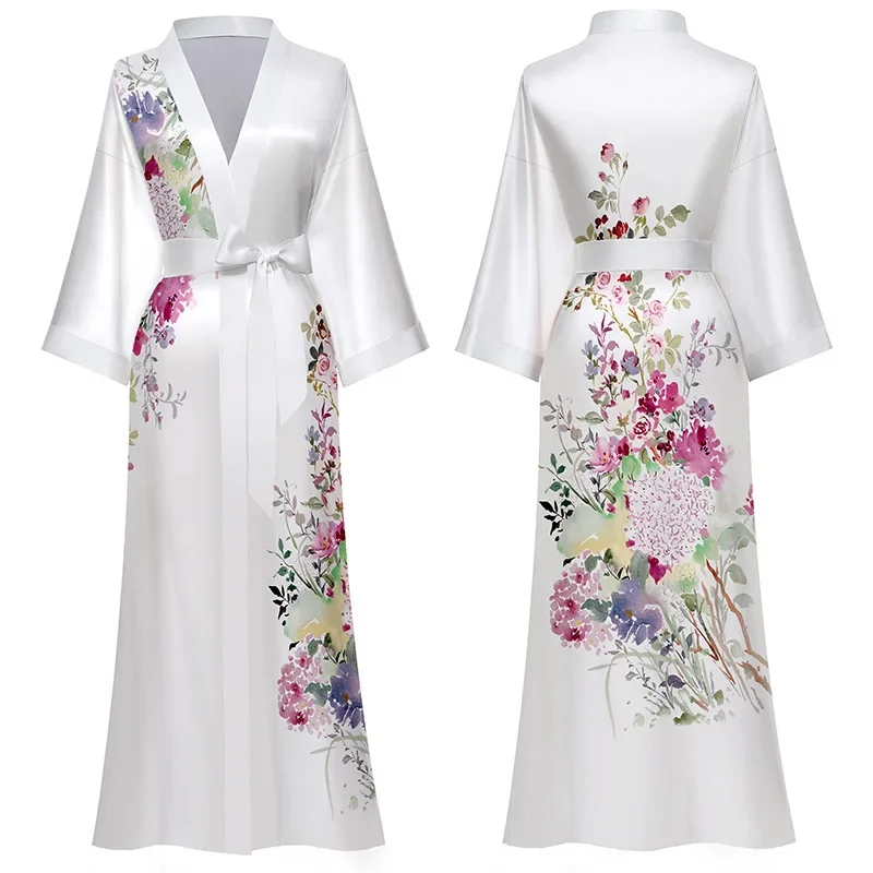

Роскошный халат с цветочным принтом, одежда для сна, шелковая ночная рубашка из искусственного шелка, женский халат, кимоно в китайском стиле, женская одежда для дома, домашняя одежда