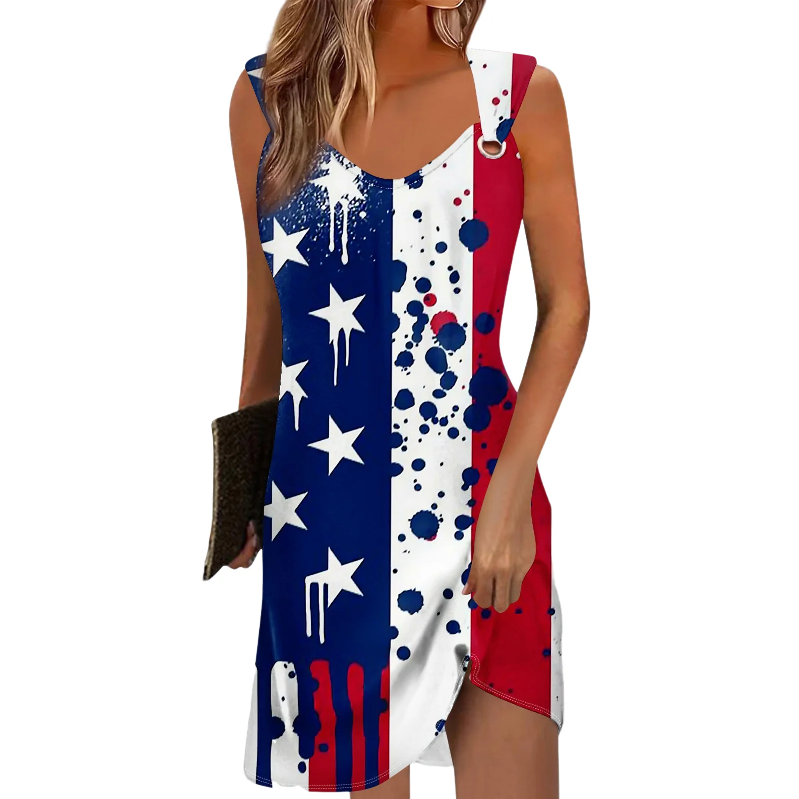 Women Anime July 4Th V Neck Tank Dress Usa Uk Flag Patriotic Printed Mini Gown Independence Day Stars Stripes Graphic Sundress