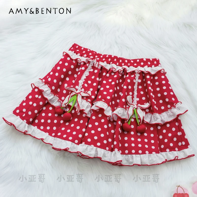 

Original Fruit Bow Polka Dot Women's Cake Skirt Summer New Design Cute Girl Pastoral Versatile Age-Reducing Mini Skirts Ladies