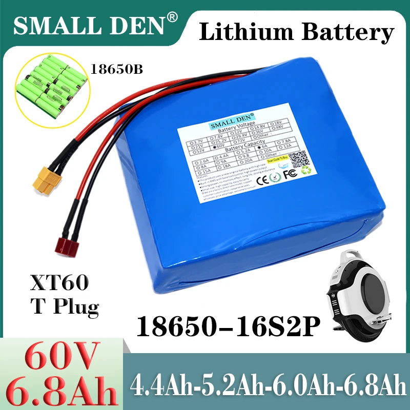 60V 4.4Ah 5.2Ah 6Ah 6.8Ah 18650 Lithium battery pack 16S2P 264WH 312WH 360W 408WH For Electric Unicycle Self Balance Scooter BMS