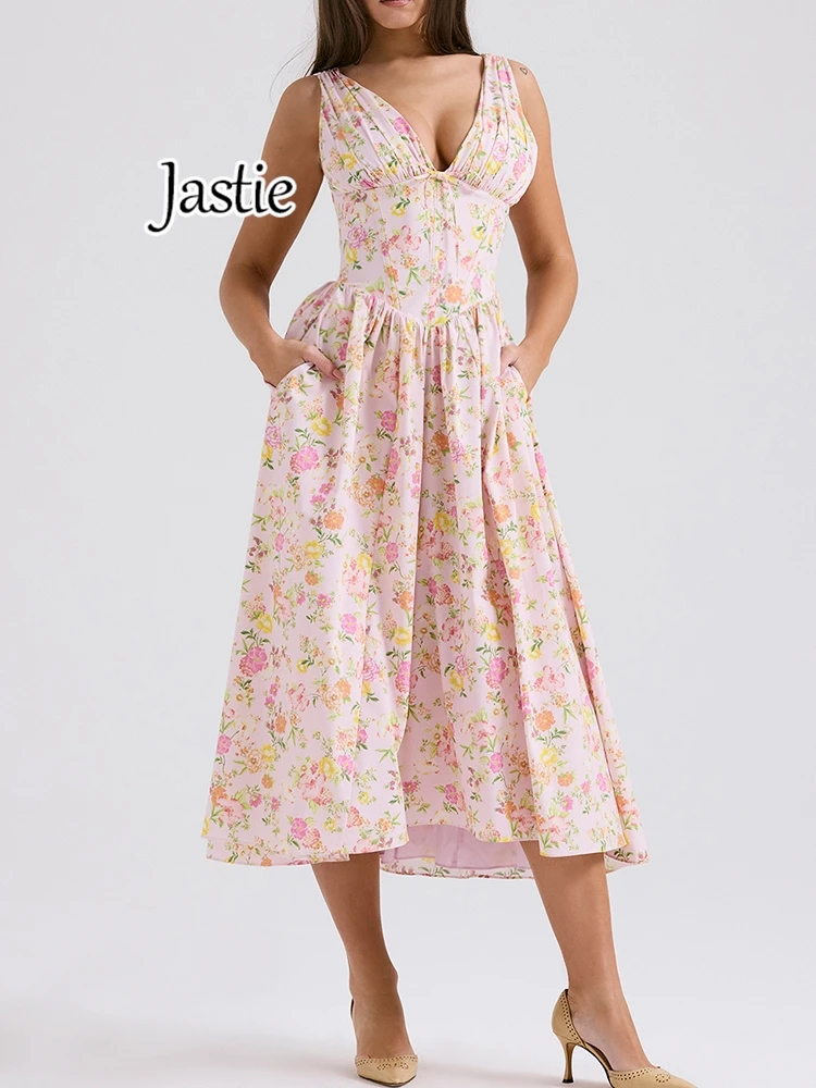 Jastie Deep V Neck Women Sexy Dresses 2024 Fashion Summer Sleeveless Floral Print Pink Party Long Dress Boho Casual Beach Dress