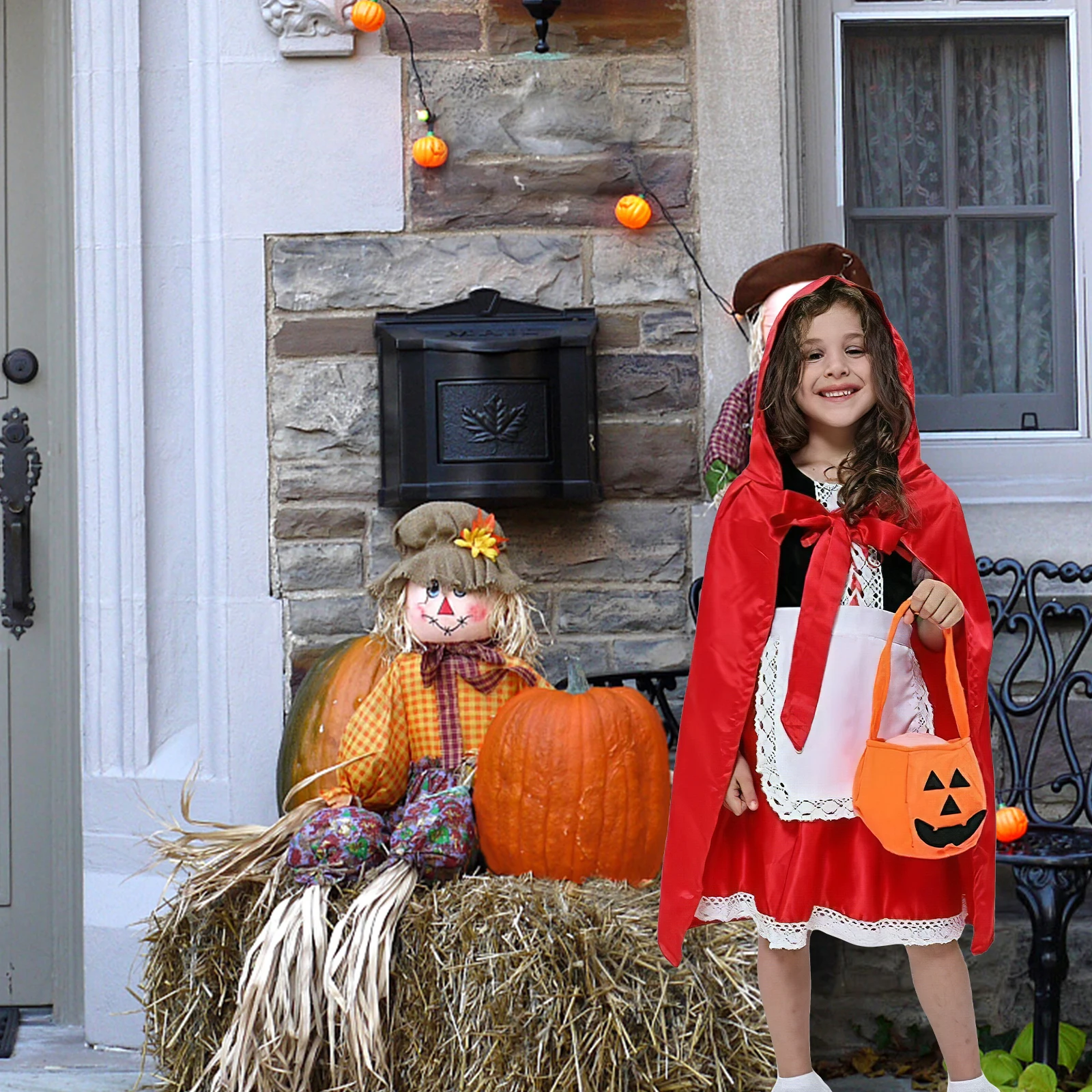 

Hood Costumes Red Princess Dress with Cape Pumpkin Headband Kids 100cm Halloween Christmas Stage Performance Cosplay Dresses