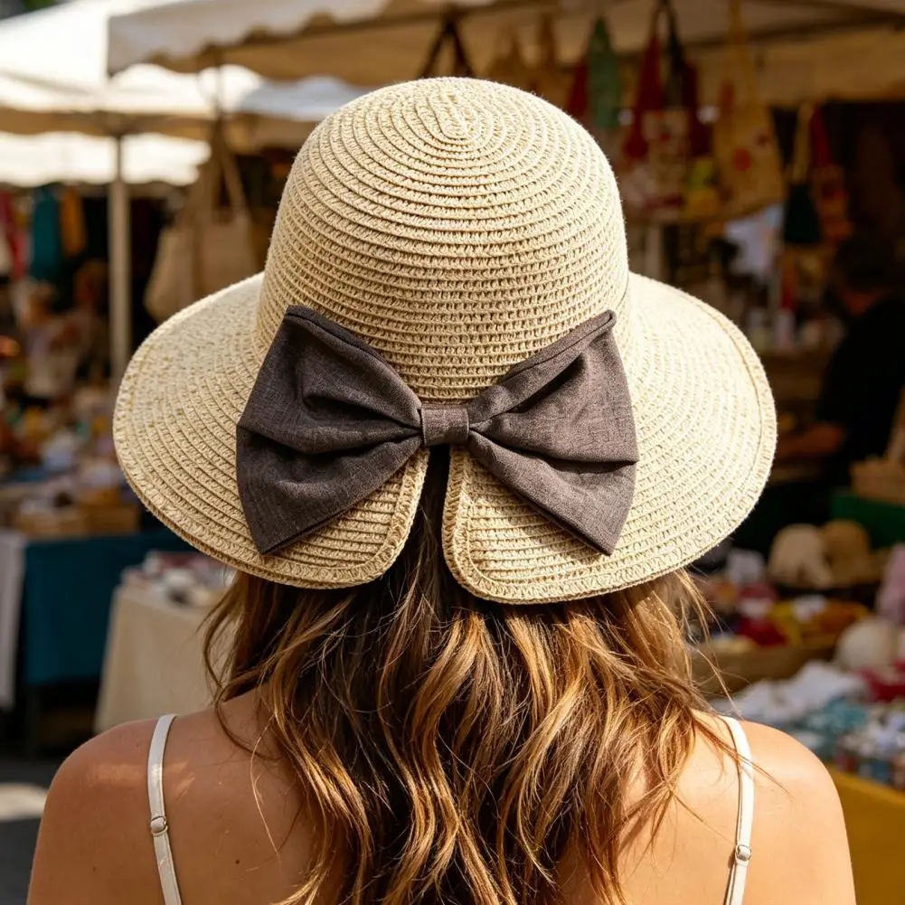 

Breathable Outdoor Hat Wide Brim Foldable Straw Summer Hat with Bowknot Decor, Breathable Outdoor Hat for Fishing, Travel