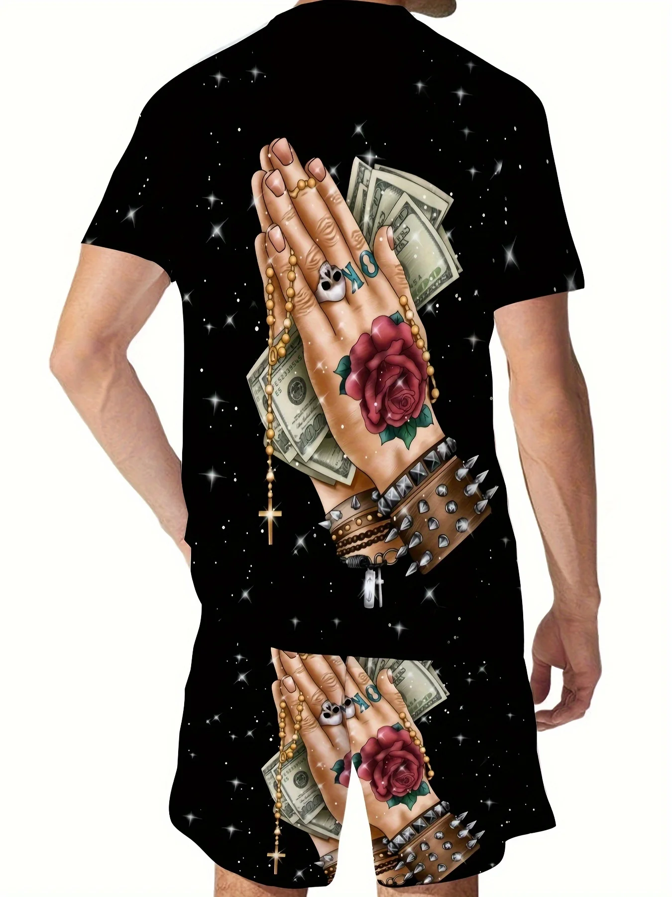 Praying Hands Print 2Pcs Trendy Outfits For Men, Casual Crew Neck Short Sleeve T-shirt And Shorts Set For Summer