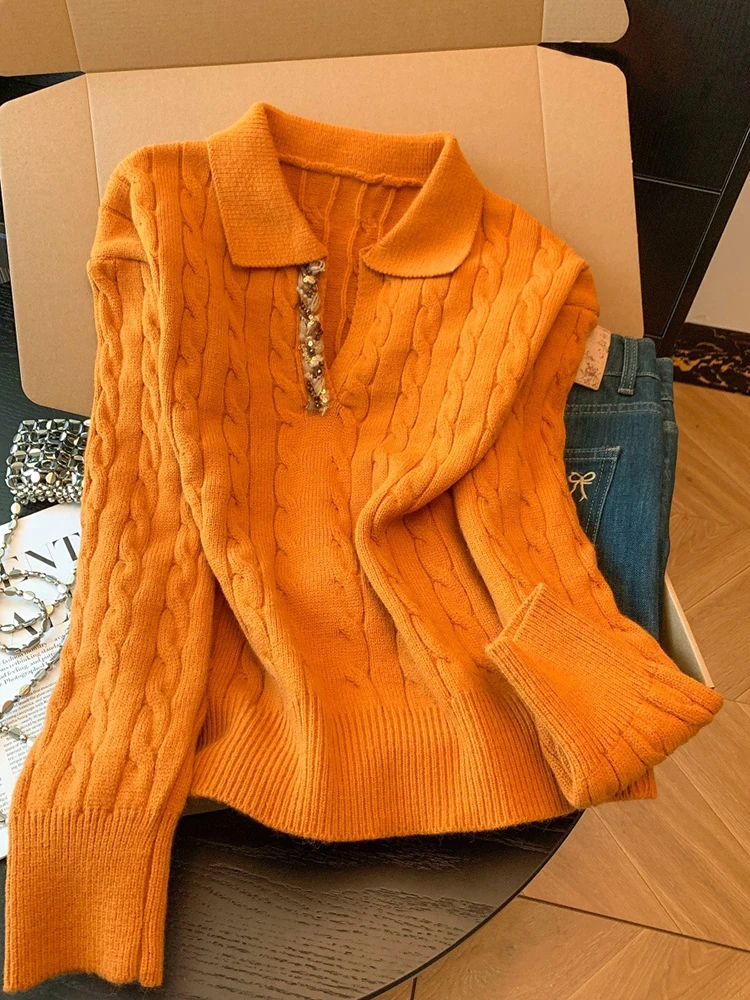 سترة نسائية ذات ياقة بولو بتصميم خريفي وشتوي جديد سميك من العجين المقلي بلوفر مخطط بنمط كسول #5