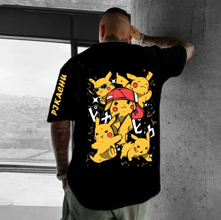 pikachu boys tshirt 2025summer streetwear cartoon printed black cotton breathable tee