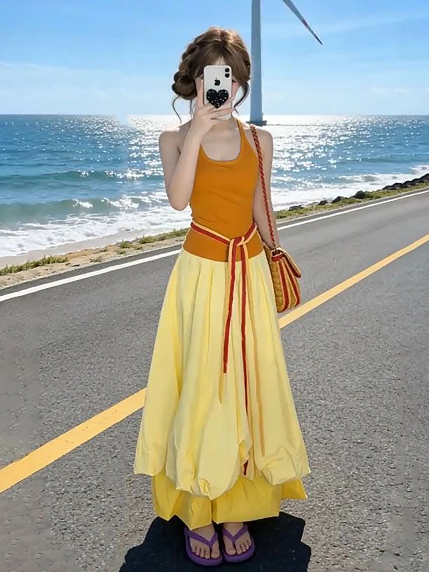 

Summer Beach Vacation Orange Strapless Vest And Yellow Bloom Long Skirt Two-Piece Set Sweet Dopaamine Color Casual Fashion