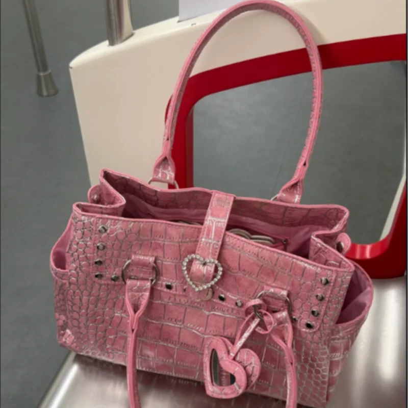 сумка Y2k Pink Crocodile Pattern Handbag,trendy Millennial Hot Girl Underarm Bag,heart Rivet Decor Casual Street Style Tote Bag view 6