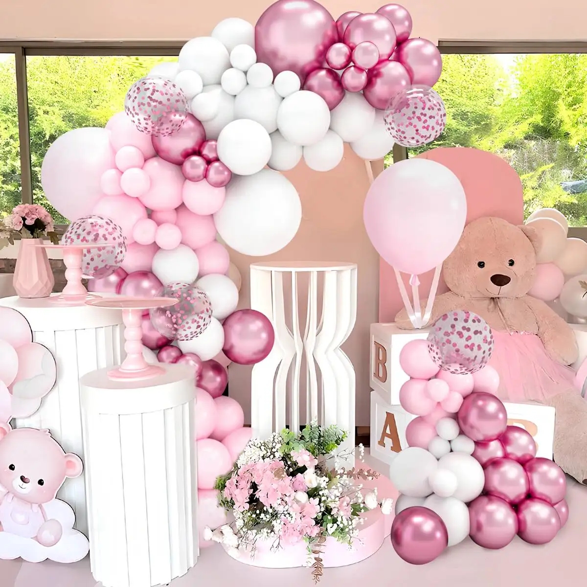 Macaron Pink Balloons Garland Arch Kit White Metal Pink Rose Gold Confetti Balloon Birthday Party Baby Shower Wedding Decoration