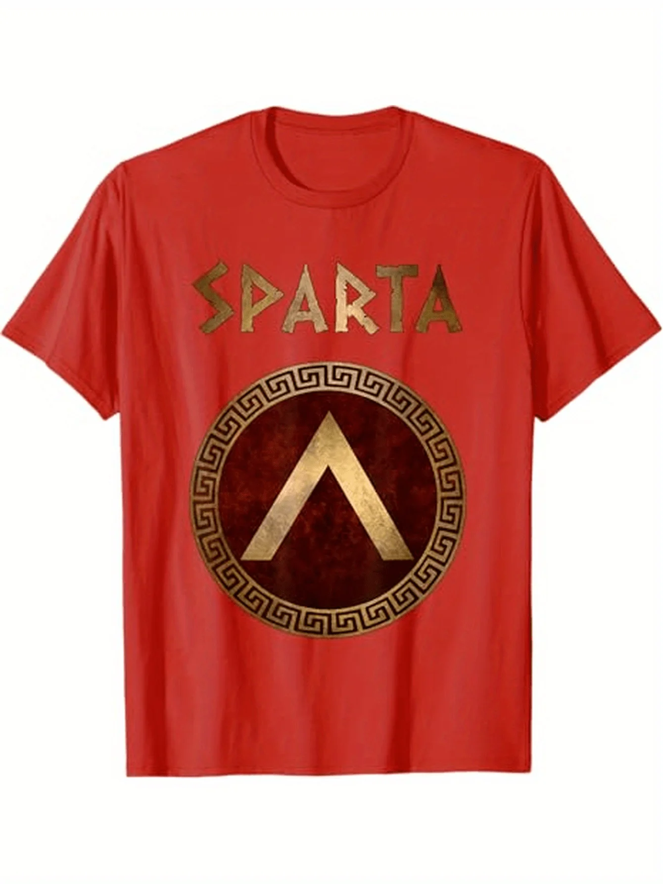 Ancient Greek Spartan Shield-Red&Golden Spartan Lambda Graphic design-100% cotton O-neck short sleeve printed men's T-shirt.