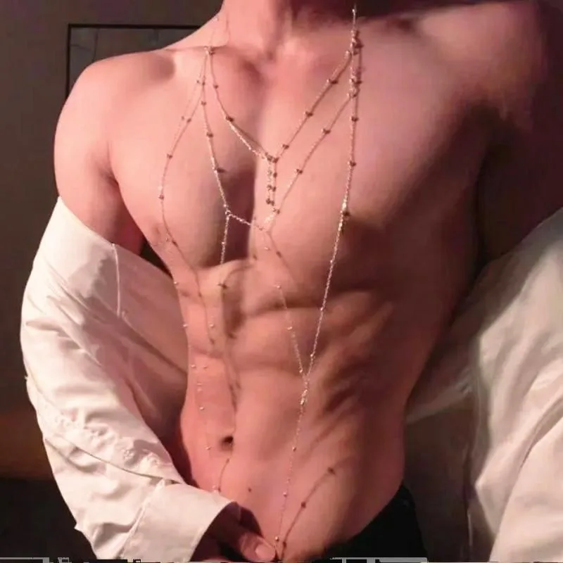 Men's Silver Body Chain Underpants Tank Tops Sexy Chest Jewelry Gym Workout Muscle Trainer Shaper Gay Desire Sports Lingerie