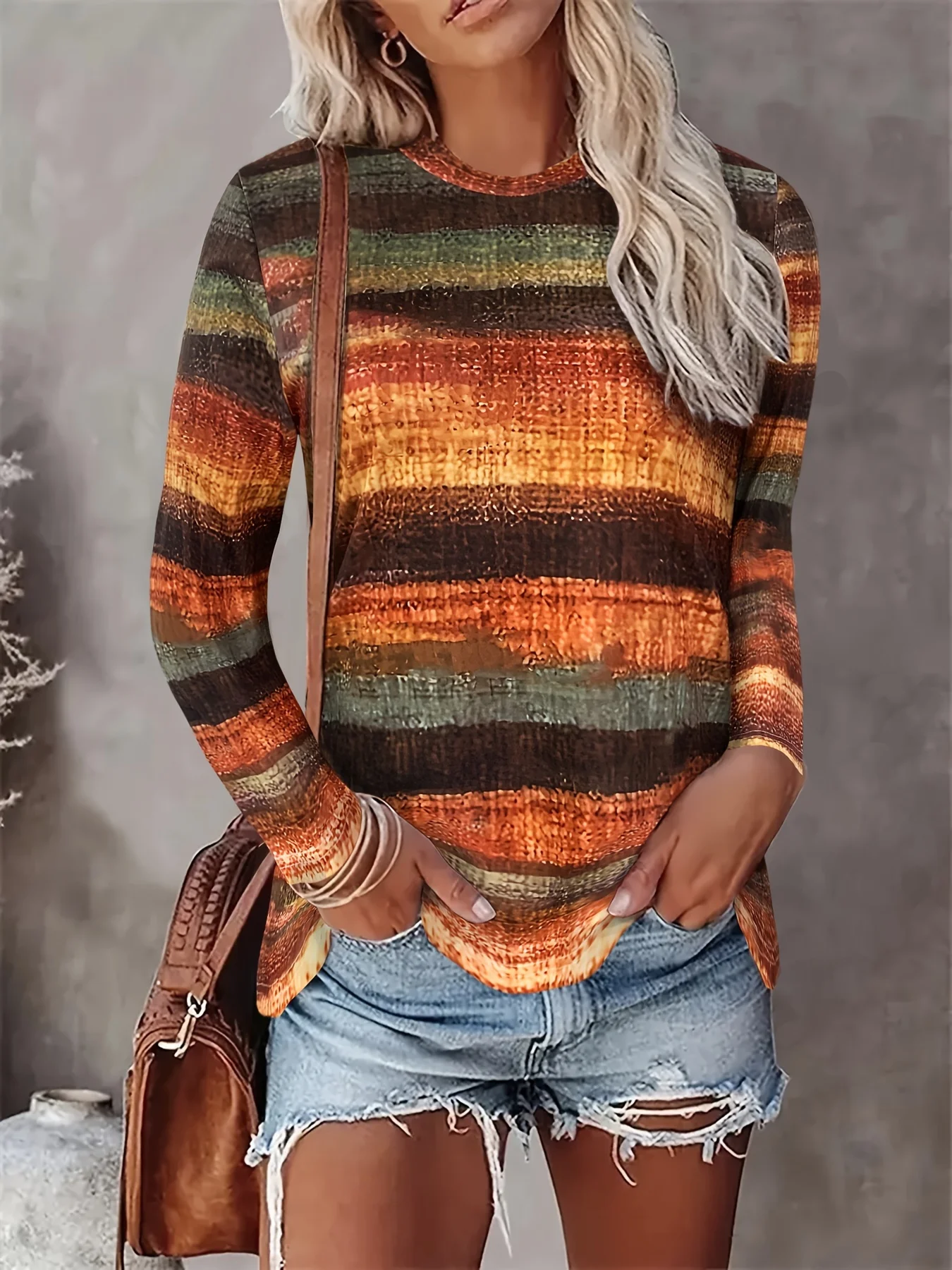 

Women's 3D Printed Striped Retro Printed T-shirt Fashion Long Sleeve Round Neck Regular Tops Holiday Weekend Spring and Autumn