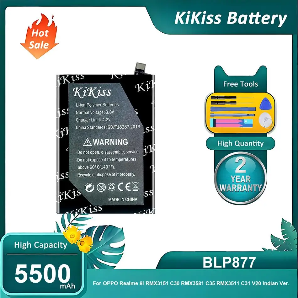 

KiKiss Battery For OPPO Realme 8i RMX3151 C30 RMX3581 RMX3623 C35 RMX3511 C31 C33 V20 V30 Indian Edition,BLP877,5500mAh