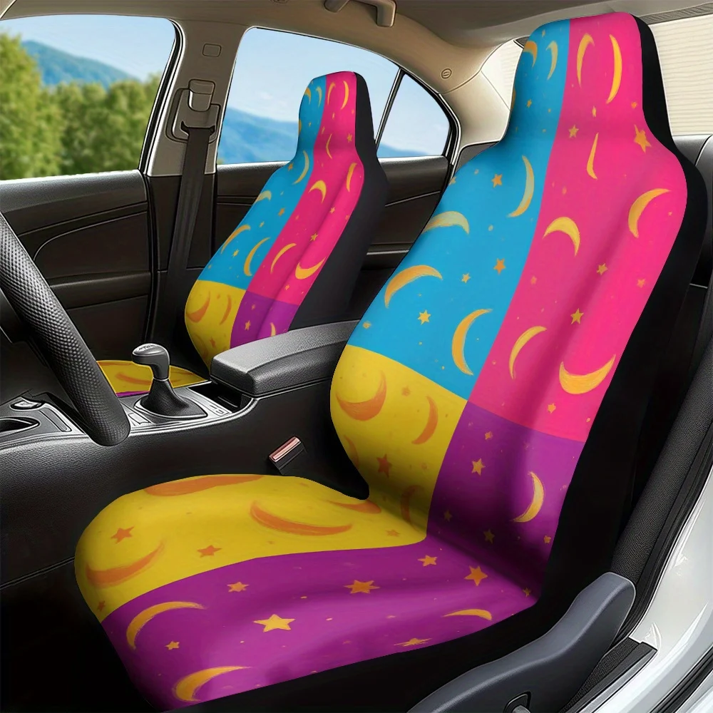 2pcs, Modern Colorful Moons And Stars Print Front Seat Covers, Fit For Front Seats, Adds Comfort And Fashion To Driver And Pass