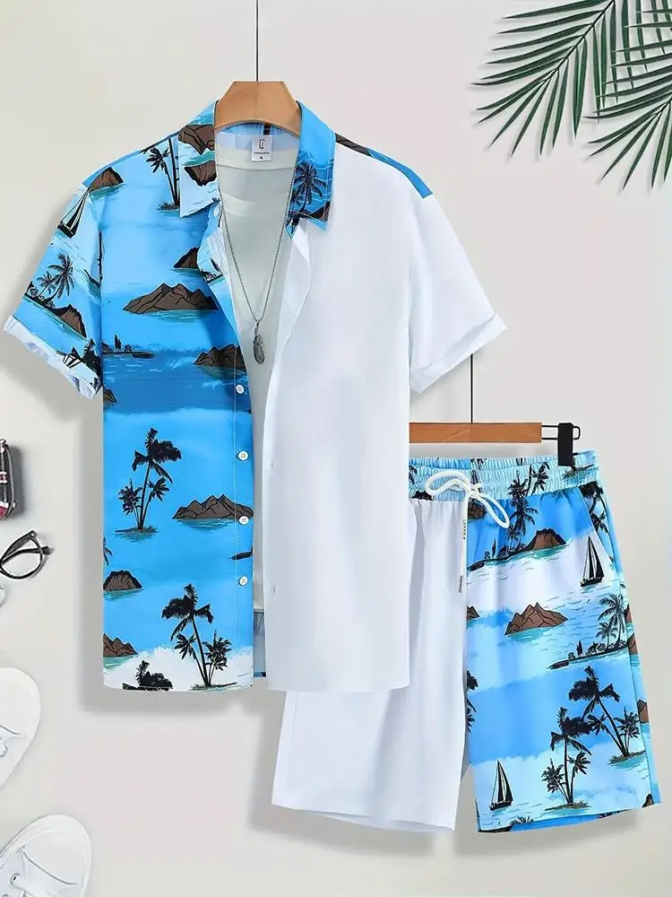

Summer Casual Shirts And Beach Pants, Men's Hawaiian Coconut Tree Printed Short-sleeved Shirts And Beach Shorts Set