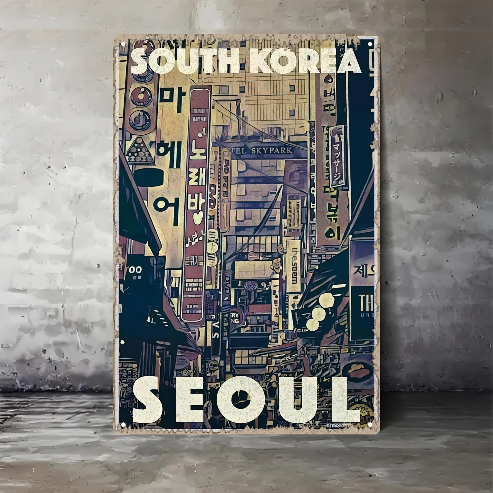 Room Decor  Seoul-Inspired Metal Wall Art,  Iron Poster with White and Black Typography, Modern Korean City Decor