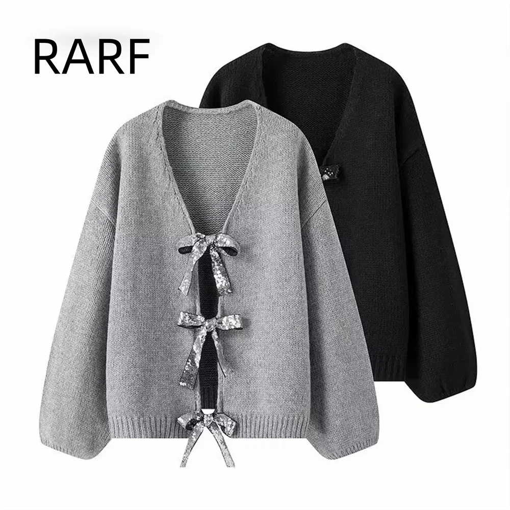 2024 autumn and winter new French lazy gentle style sequin bow tie lantern sleeve sweater casual knit jacket