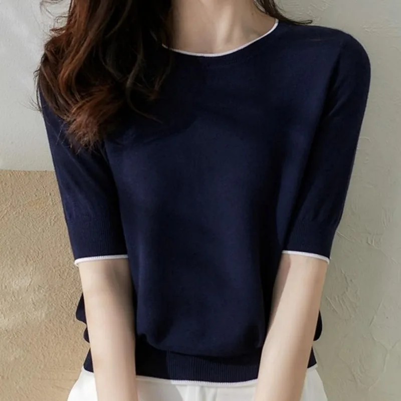 2022 Summer New Women\'s Knitted Sleeve Loose Navy Blue Solid Spliced O-Neck Half Casual Shirts Tops Mujer Blusas Female 2797