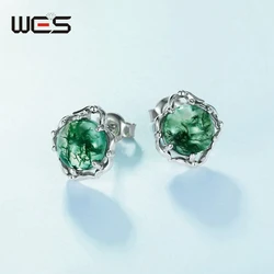 WES 925 Sterling Silver Round Cut Natural Stone 8*8mm Moss Agate Stud Earrings for Woman Gem Engagement Gift Jewelry Wholesale