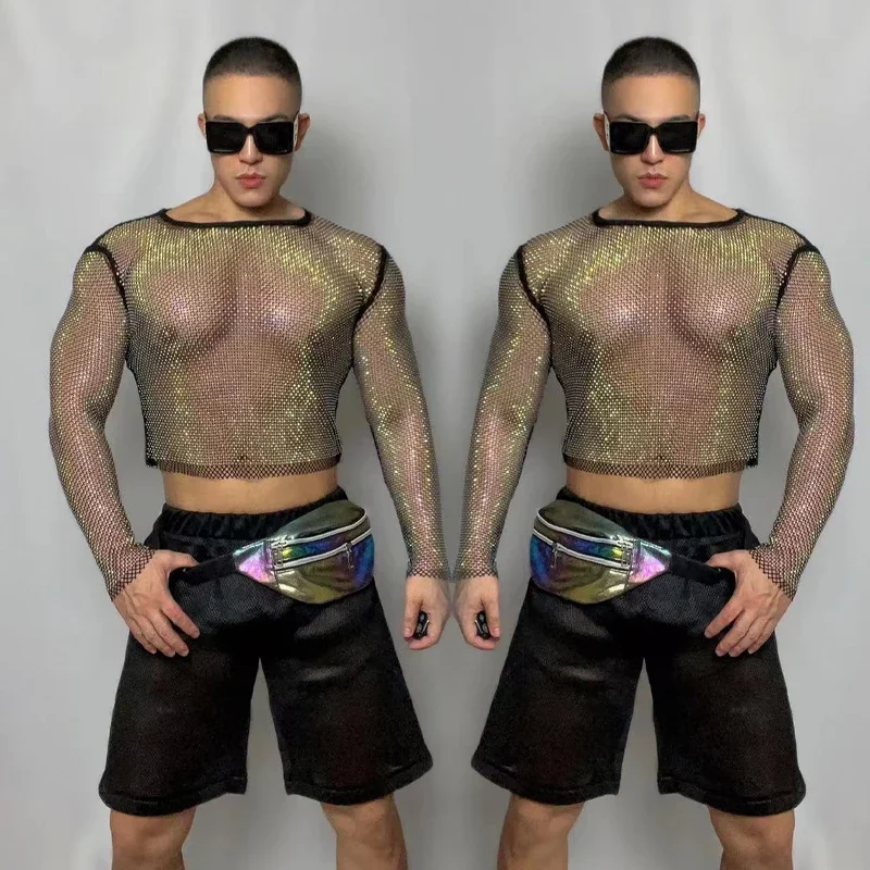 Pantalones cortos de baile en barra con parte superior de malla brillante, ropa de actuación para hombres, club nocturno, Bar, Dj, Ds, Gogo, disfraz de bailarina, traje Rave para escenario XS5442
