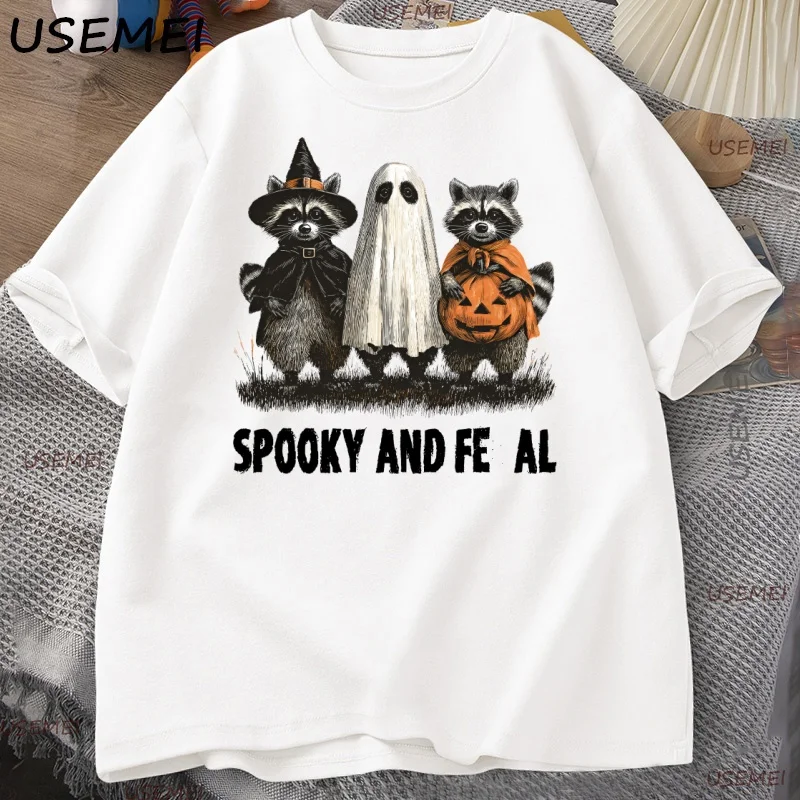 

Retro Spooky and Feral Raccoon T-shirt Halloween Cute Raccoon Ghost Tshirt Feral Girl Design Clothes Men Women Loose Tees