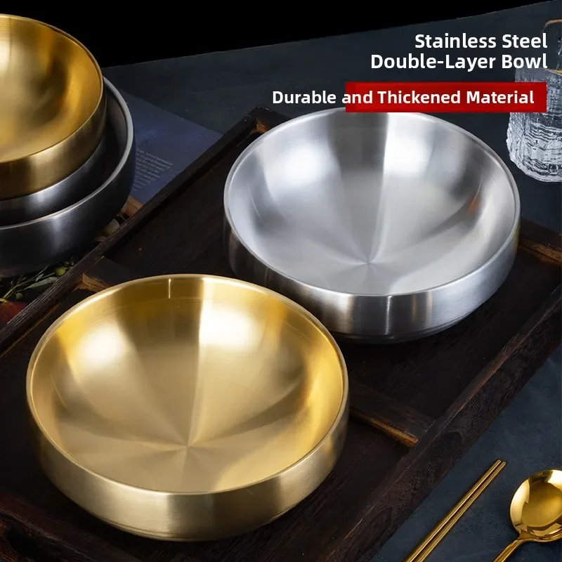 Korean Style Double Layer Stainless Steel Cold Noodles Bowl Gold Color Instant Rice Noodles Soup Bowl Heat Insulation Large S...