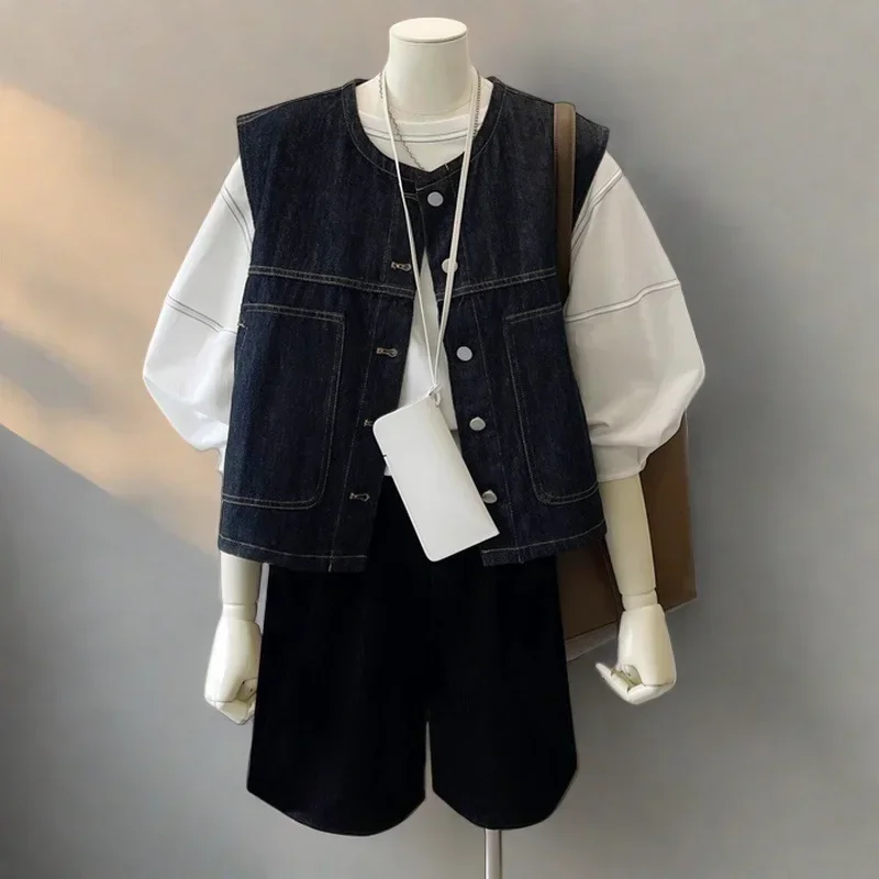 

Retro Hong Kong Style Layered Denim Vest Women's Sleeveless Outerwear Fashionable Slimming Top Crew Neck Plain Color