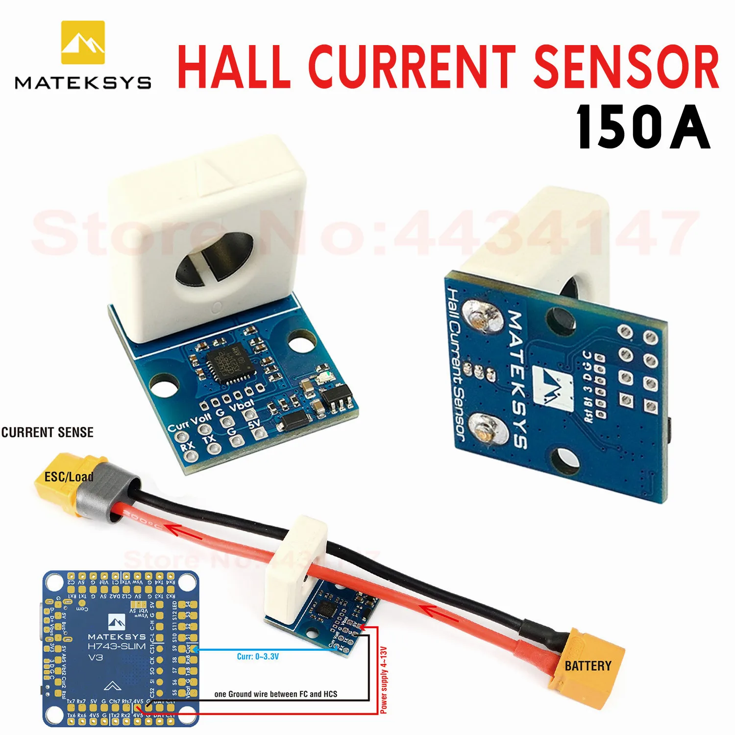 Matek Systems Hall Effect Current Sensor 150A Module 0~69V Voltage Sense 23 * 20* 23mm 7g For Flight Controller FPV Racing Drone