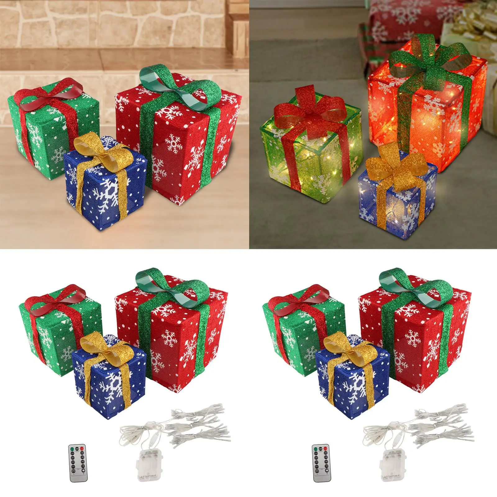 

3 Christmas Lighted Gift Boxes Decorations Novelty Light up Xmas Present Box with Bows for New Year Shop Fireplace Outdoor Patio