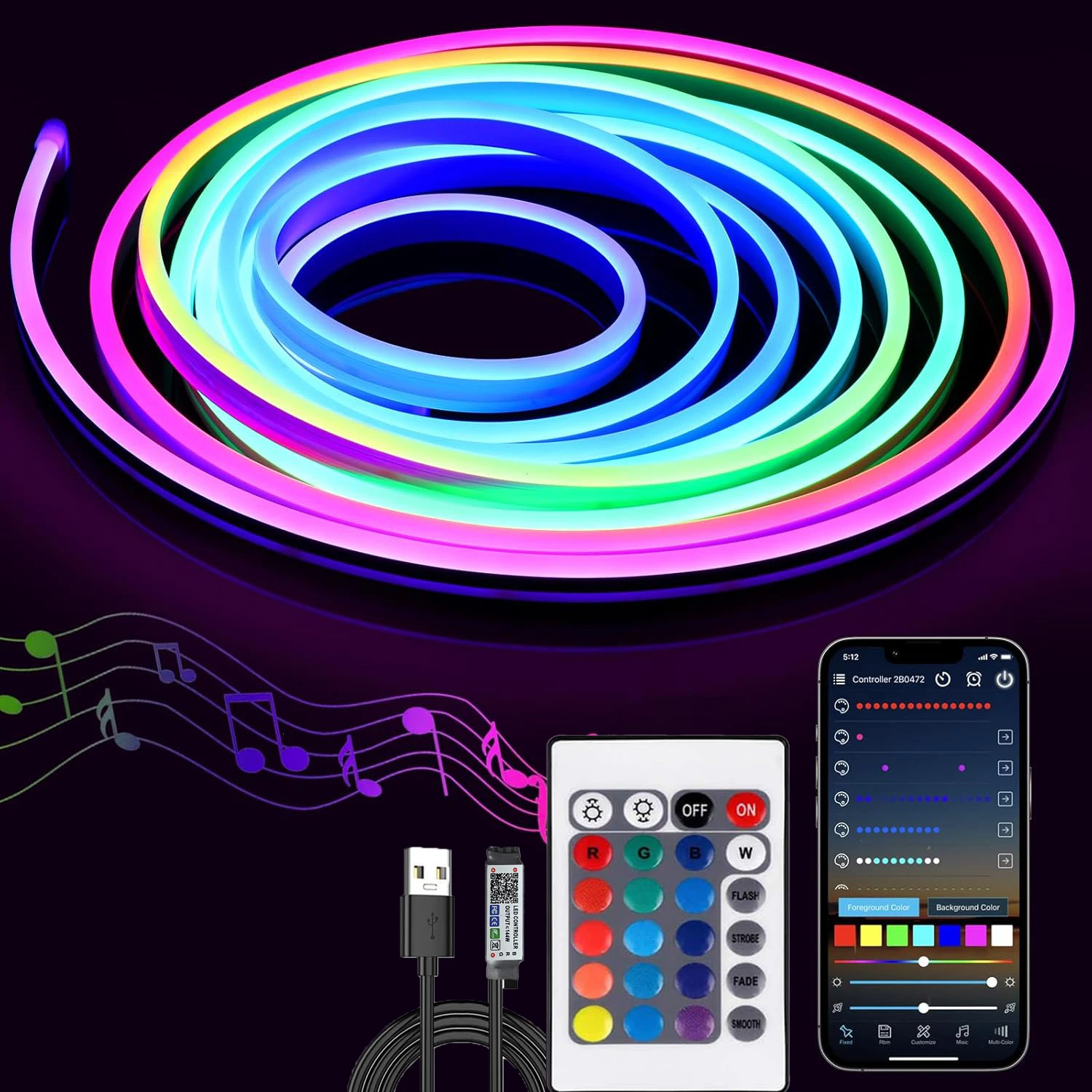 

Неоновая лампа 5 В RGB USB Bluetooth Приложение с 24-клавишным пультом дистанционного управления Светодиодная панель RGB подходит для наружного декоративного освещения
