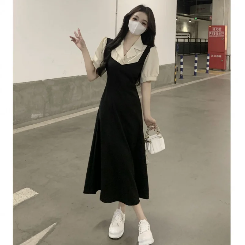 

Girl Style New Color Contrast Patchwork Two Pieces Waist-Controlled Lace-up Words Dress2025Spring Anti-Aging Casual