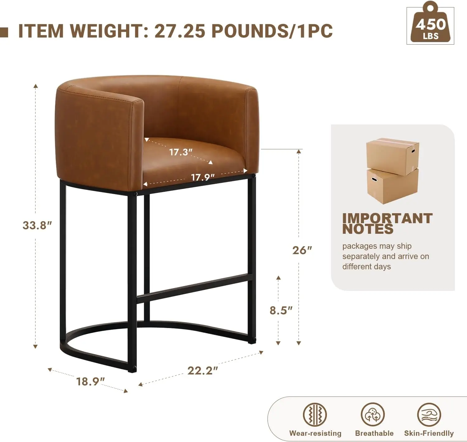 26" H Counter Height Bar Stools Set of 2, Modern Barrel Counter Stools with Backrest and Arms, Faux Leather Upholstered Accent B view 2