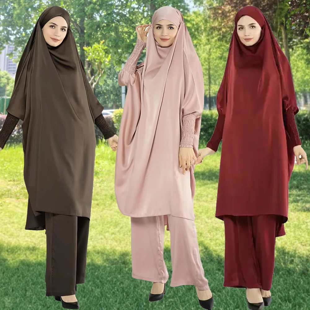 

Eid Muslim Sets Satin Women 2 Pieces Dress Prayer Garment Kaftan Pants Ramadan Abaya Islam Clothes Khimar Jalabiya Djellaba Robe