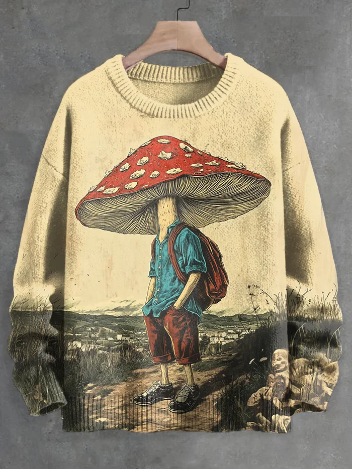 

Men's Vintage Art Print Mushroom Man Knit Pullover Sweatshirt Comfortable Unisex Sweater for Women And Men