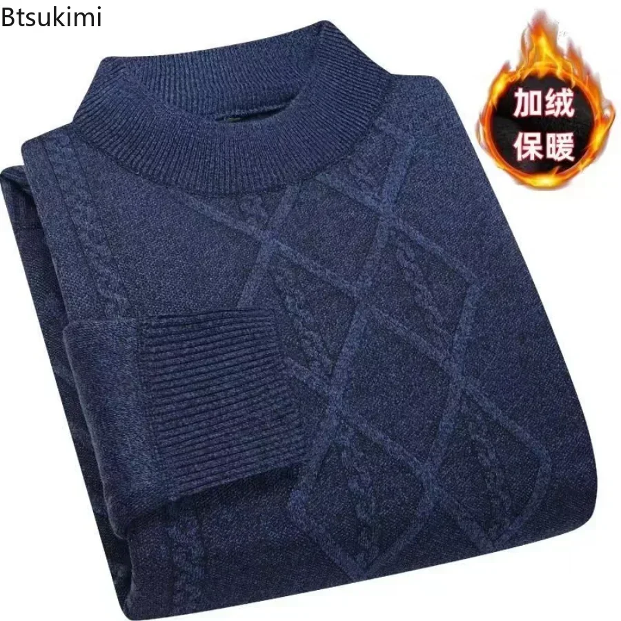 2024 Men\'s Autumn Winter Warm Sweater Solid Pullovers Male Thick Jumpers Knitwear Round Neck Casual Clothing Knitted Sweater Men